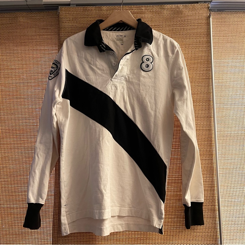 Old Navy Black and White Striped Polo Shirt